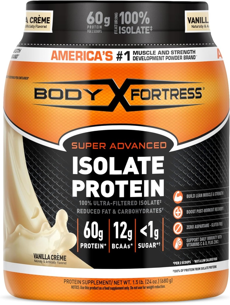 Forteresse du corps 100% poudre de protéines isolées ultra-filtrées, Vanille, 60g de protéines et 12g BCAA par 2 scoops, gain et récupération musculaire, soutien immunitaire avec des vitamines C et D, 1,5lbs, emballage mai Vary