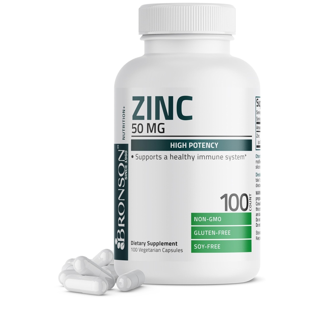 Bronson Zinc 50mg Complex High Potency Immune Support Supplément & Antioxydant et santé de la peau - Non OGM, 100 capsules végétariennes