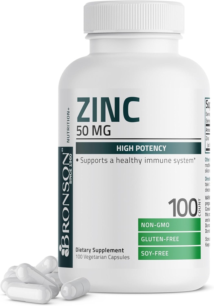 Bronson Zinc 50mg Complex High Potency Immune Support Supplément & Antioxydant et santé de la peau - Non OGM, 100 capsules végétariennes