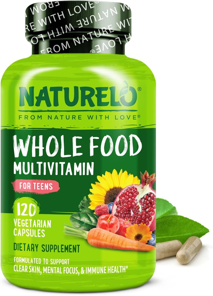 NATURELO Multivitamines pour adolescents filles/garçons, 120 capsules, Multivitamine alimentaire complète avec minéraux, non-OGM, végétarien