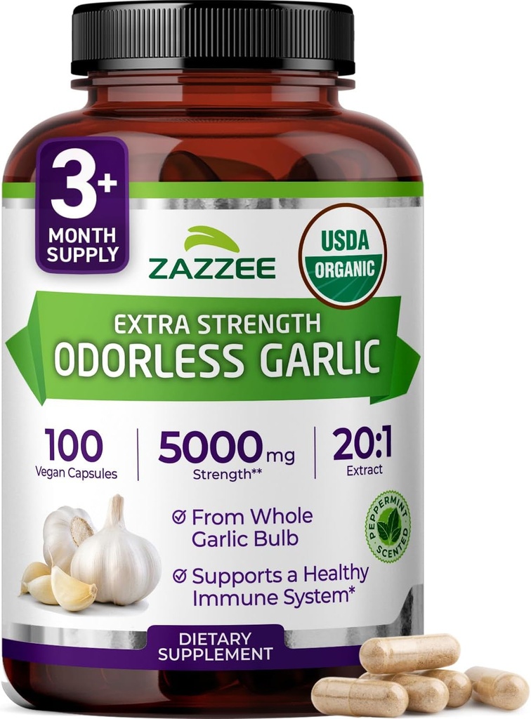 Zazzee USDA extrait organique sans odorat 20:1, 5000 mg de force, 100 capsules végétaliennes, 3 mois d'approvisionnement, normalisé, extrait concentré 20X, 100% végétarien, tout naturel, non-OGM, fabriqué aux États-Unis