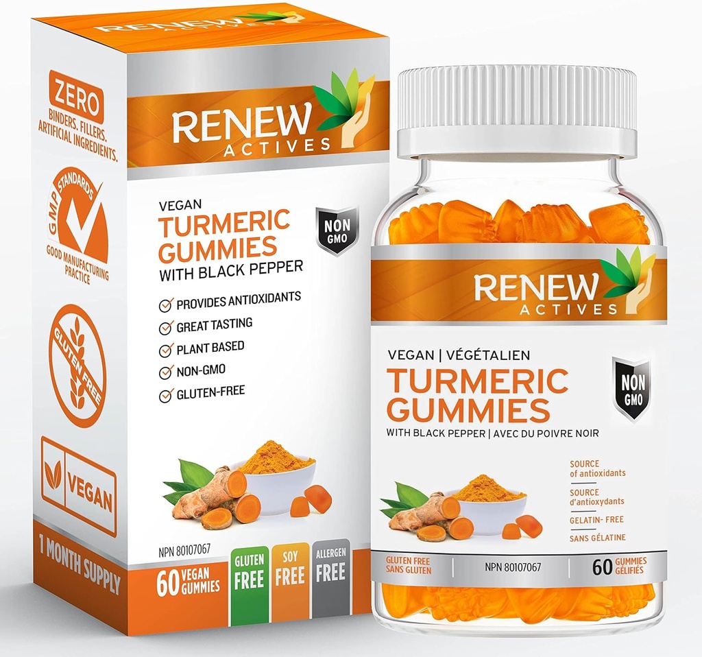 ACTIFS DE RENOUVELLEMENT Végétalien Turcuma 130MG par 2 Gommies avec poivre noir pour l'absorption accrue – Soutien antioxydant et santé immunitaire – Grand supplément de dégustation, facile à avaler, fabriqué au Canada– 60 Gommies