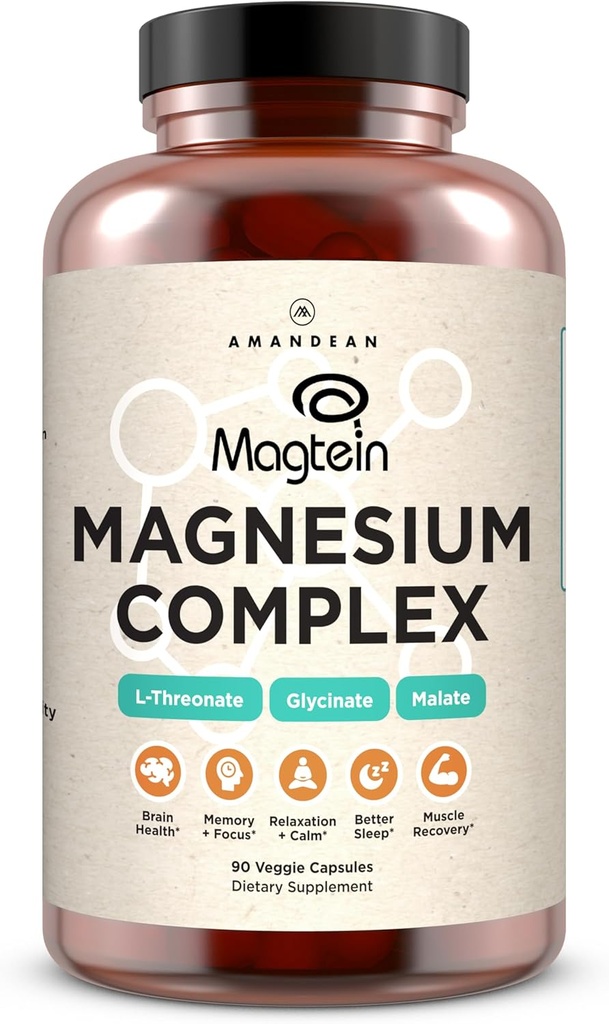 Amandean Magtein Magnésium Complexe. L-Thréonate, Glycinate, Malate Triple Blend Supplément de magnésium chélaté. 90 Capsules de Véggie. Ingrédients à haute absorption. Santé cérébrale, sommeil, calme*.