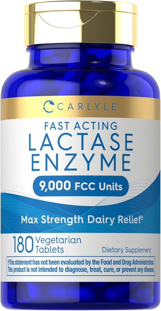 Carlyle Lactase Enzyme Pills 9000 FCC.180 Comprimés Supplément d'aide aux produits laitiers à action rapide.