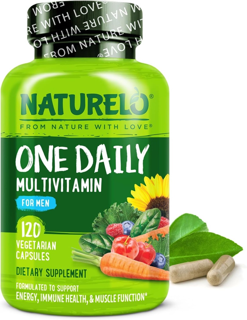NATURELO Hommes Multivitamines - Une multivitamine quotidienne pour les hommes avec des vitamines, minéraux et aliments organiques entiers, stimuler l'énergie et la santé, non-OGM, 120 capsules végétariennes