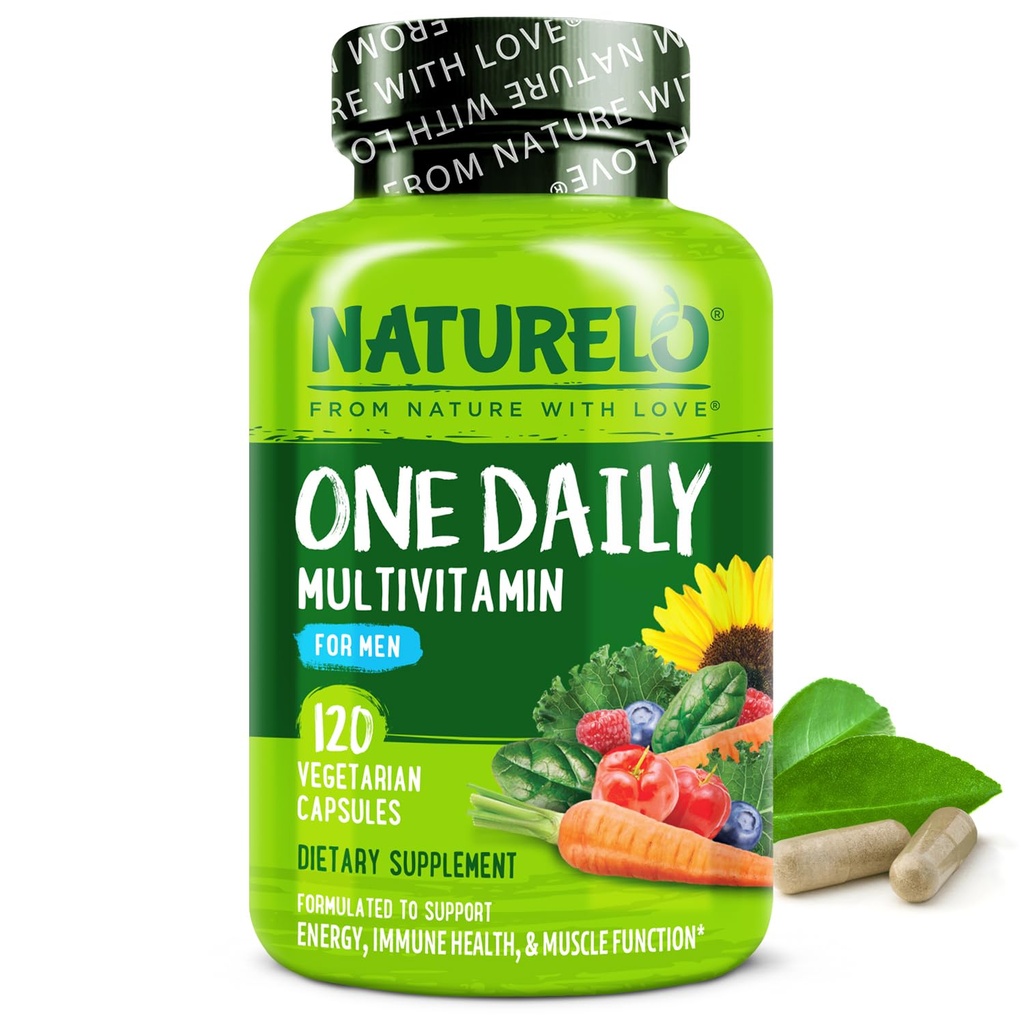 NATURELO Hommes Multivitamines - Une multivitamine quotidienne pour les hommes avec des vitamines, minéraux et aliments organiques entiers, stimuler l'énergie et la santé, non-OGM, 120 capsules végétariennes