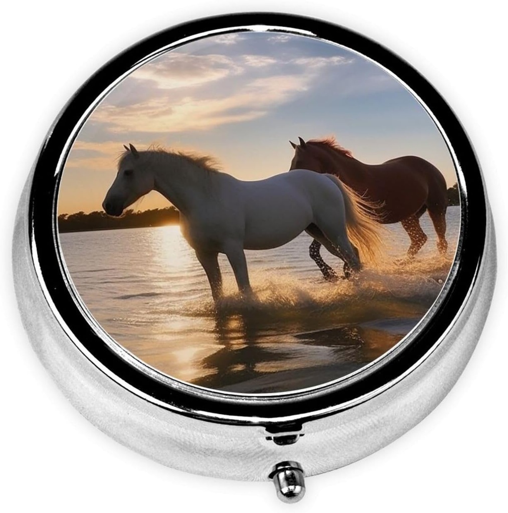 Sunsets Lake Horses Print Round Pill Box 3 Compartiment Médecine Pill Case Portable Pill Container for Daily Medicine Supplement Vitamine