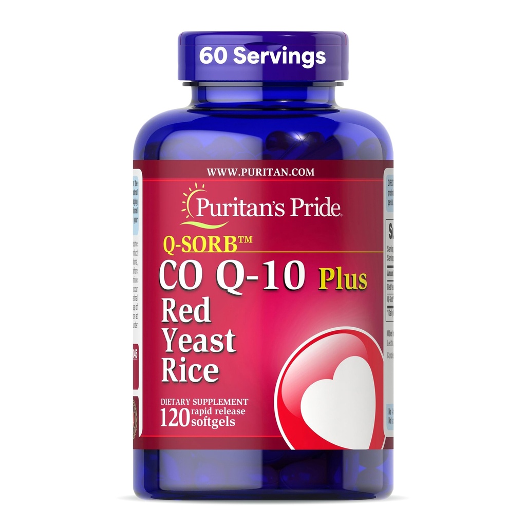 Puritan's Pride Q-SorbTM Coenzyme CoQ10 Supplément alimentaire pour la santé cardiaque, la santé buccodentaire et le soutien au vieillissement en santé, plus Riz de levure rouge pour une digestion améliorée, 120 softgels à libération rapide