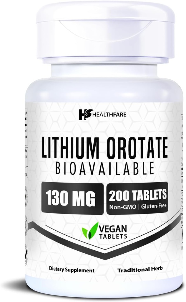 Supplément d'orotate de lithium de HealthFare 130mg.200 comprimés végétariens.