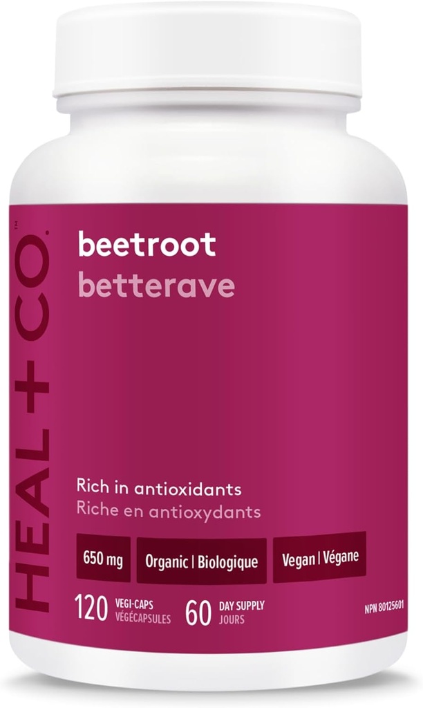 HEAL + CO. Beetroot 650mg - High Power, Ultra-Pure, Bio, Superfood - Vegan, sans OGM, sans gluten, sans allergène - Boîte de 120 capsules végétales