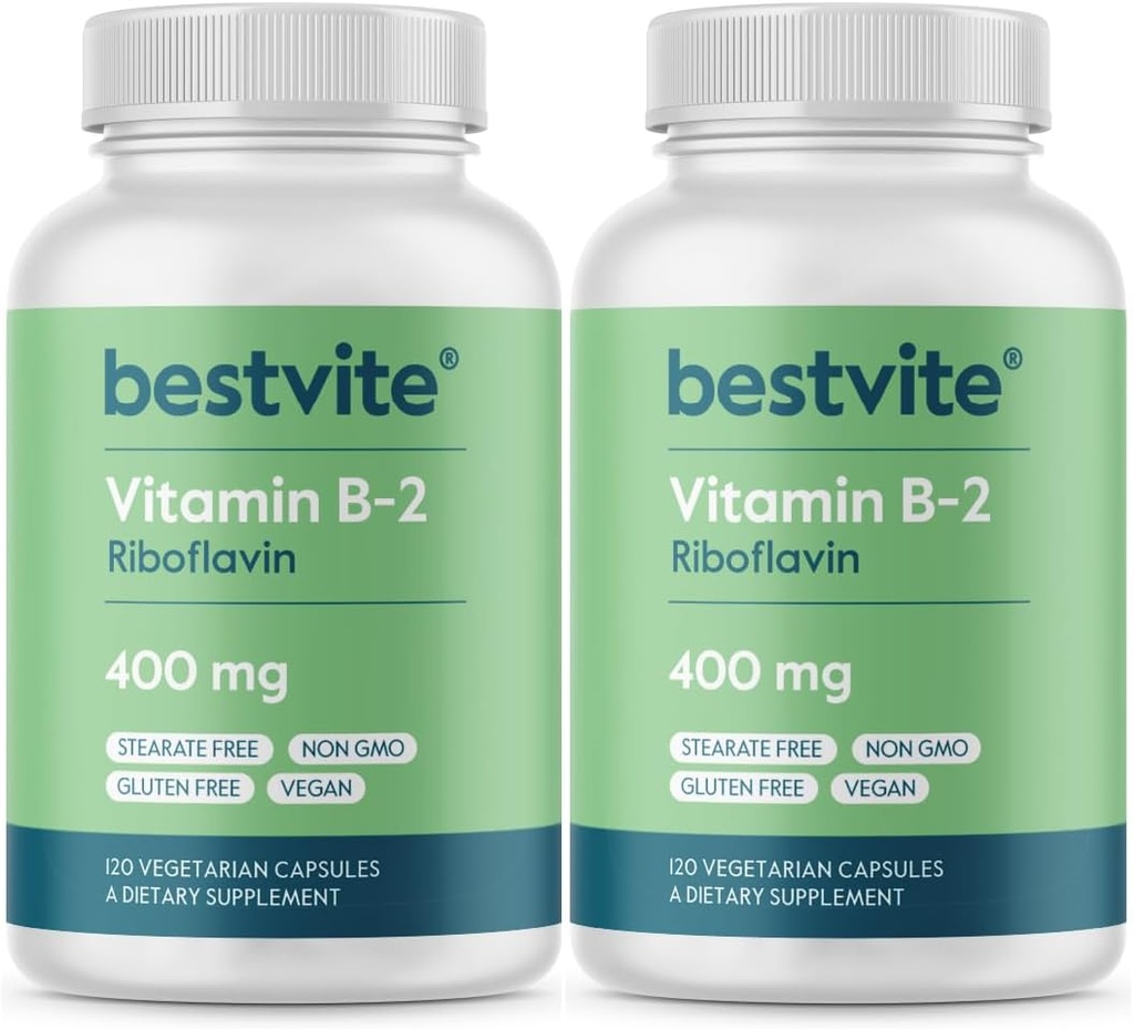 BESTVITE Vitamine B-2 (Riboflavine) 400mg (240 Capsules végétariennes) (120 x 2) - Pas de stéarate - Vegan - Non OGM - Sans gluten