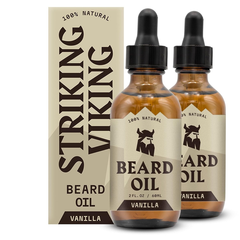 Huile viking pour hommes - 2 Fl Oz, pack de 2, Vanilla Scent - Reconditionneur naturellement dérivé avec amande, arbre à thé, huile d'argan et de jojoba pour la croissance de la barbe, l'adoucissement et l'hydratation