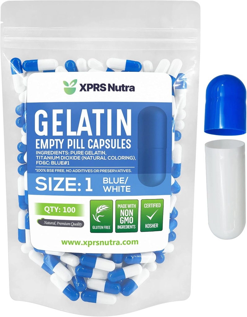 XPRS Nutra Taille 1 Capsules vides - 100 Compte Capsules de gélatine vides - Remplissage de la gélule de bricolage - Bouchons de gel de pilules de boeuf pur pour compléments Do-It-Youlf (Blue/White)