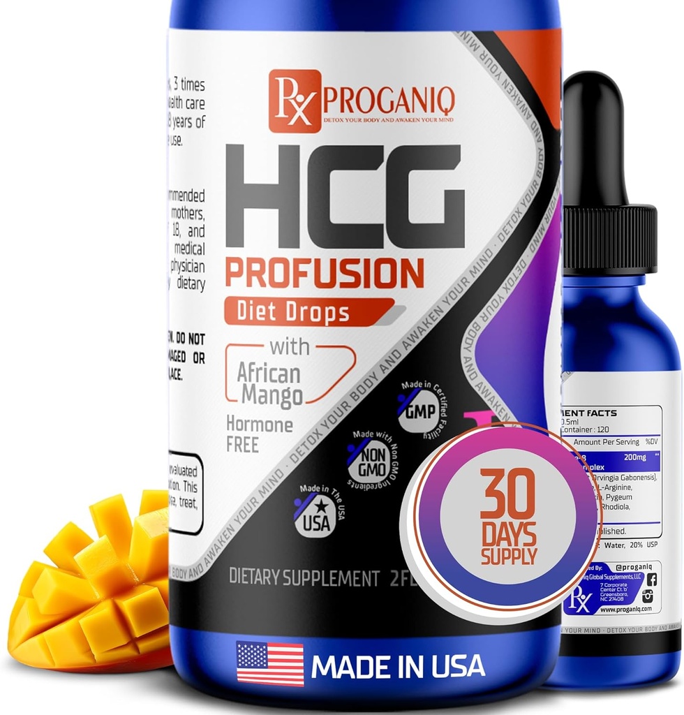 X PROGANIQ Profusion HCG gouttes - Formule avancée de gestion du poids avec la mangue africaine - Hormone gouttes gratuites pour les femmes et les hommes - Fabriqué aux États-Unis - HCG gouttes pour la gestion du poids - 30 jours d'approvisionnement