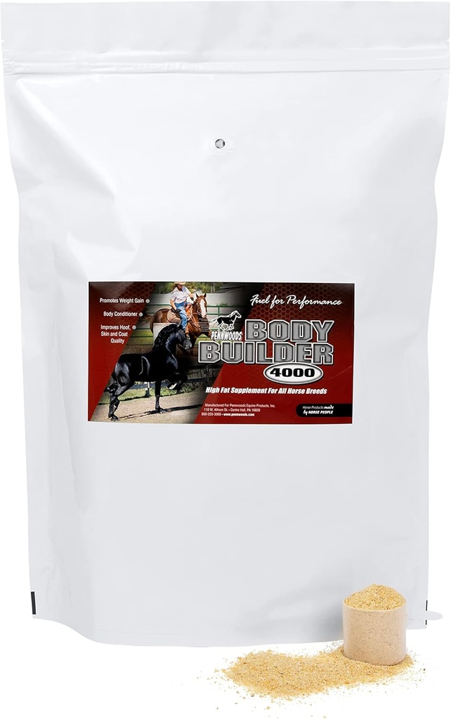Pennwoods Body Builder 4000, Supplément de gain de poids de cheval, haute graisse et énergie de cheval Constructeur de poids de cheval avec des vitamines de cheval de conditionnement corporel, améliore la qualité du toit - 25 LB sac