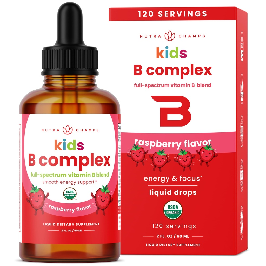 Complexe de vitamine B NutraChamps pour enfants, B1, B2, B3, B6, B7, B9 et méthyl B12, Supplément de gouttes liquides complexes pour enfants B, énergie, focus, métabolisme, baie naturelle, 120 portions, 4 mois d'approvisionnement