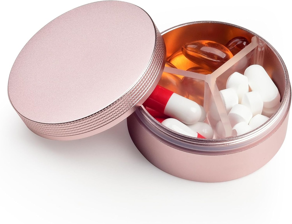 Petit cas de pilule 3 compartiments, boîte à pilules portable ronde en métal, organisateur de pilules de voyage imperméables, porte-vitamines de poche support EDC (rose or)