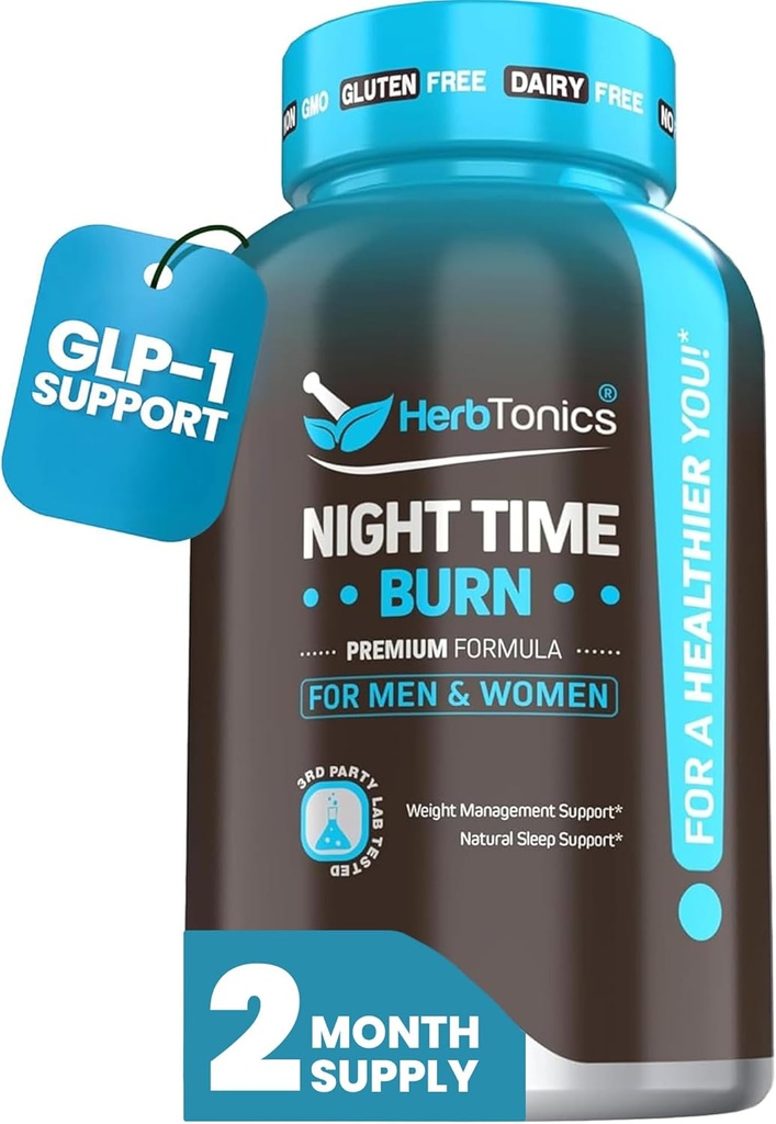 Herbtonics Night Time Burn & Sleep Complex soutient le métabolisme nocturne, le stress et le sommeil profond. Comprend Melatonine, Valérien et Thé Vert – Vegan Bedtime Weight Management (60 Capsules)