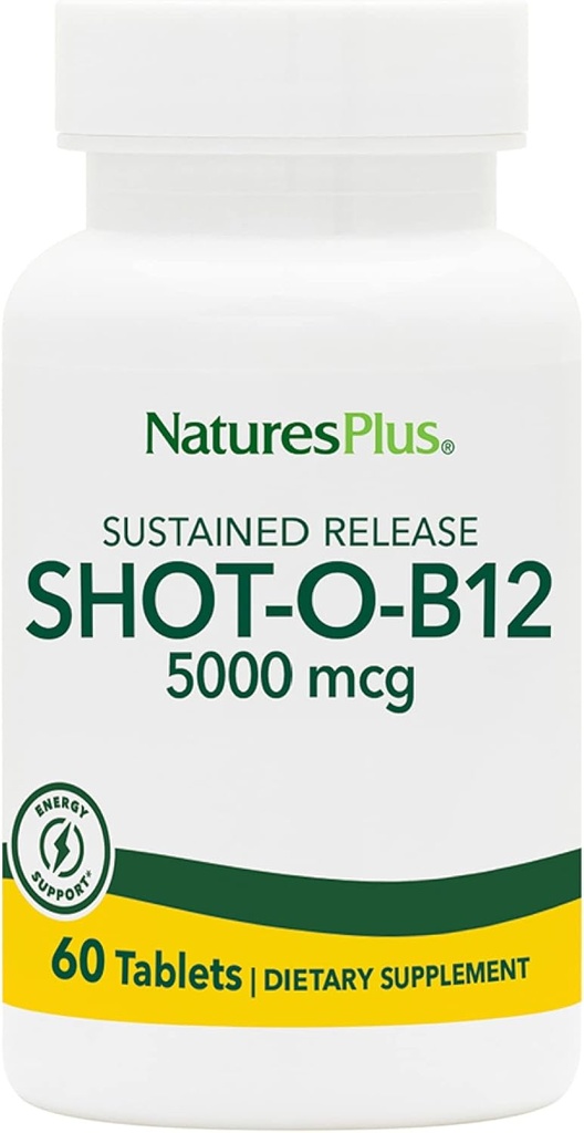 Natures Plus Shot-O-B12 (méthylcobalamine), libération prolongée - 5000 mcg, 60 comprimés végétariens - supplément B12 à haute puissance et à action rapide - Mémoire et booster énergétique - Sans gluten - 60 portions