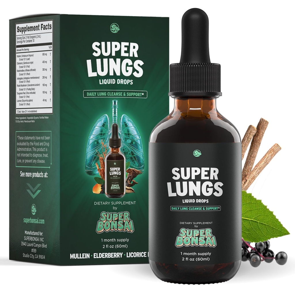 SuperBonsai Super Lungs Mullein gouttes – Herbal Lung Soutien Teinture avec Mullein Extrait de feuille Elderberry Reishi Marshmallow Racine – Soutient la respiration claire et le bien-être – 2 oz