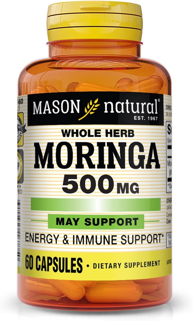MASON NATURAL Moringa 500 mg - soutient le métabolisme de l'énergie et la réponse inflammatoire, complément à base de plantes antioxydantes, 60 capsules