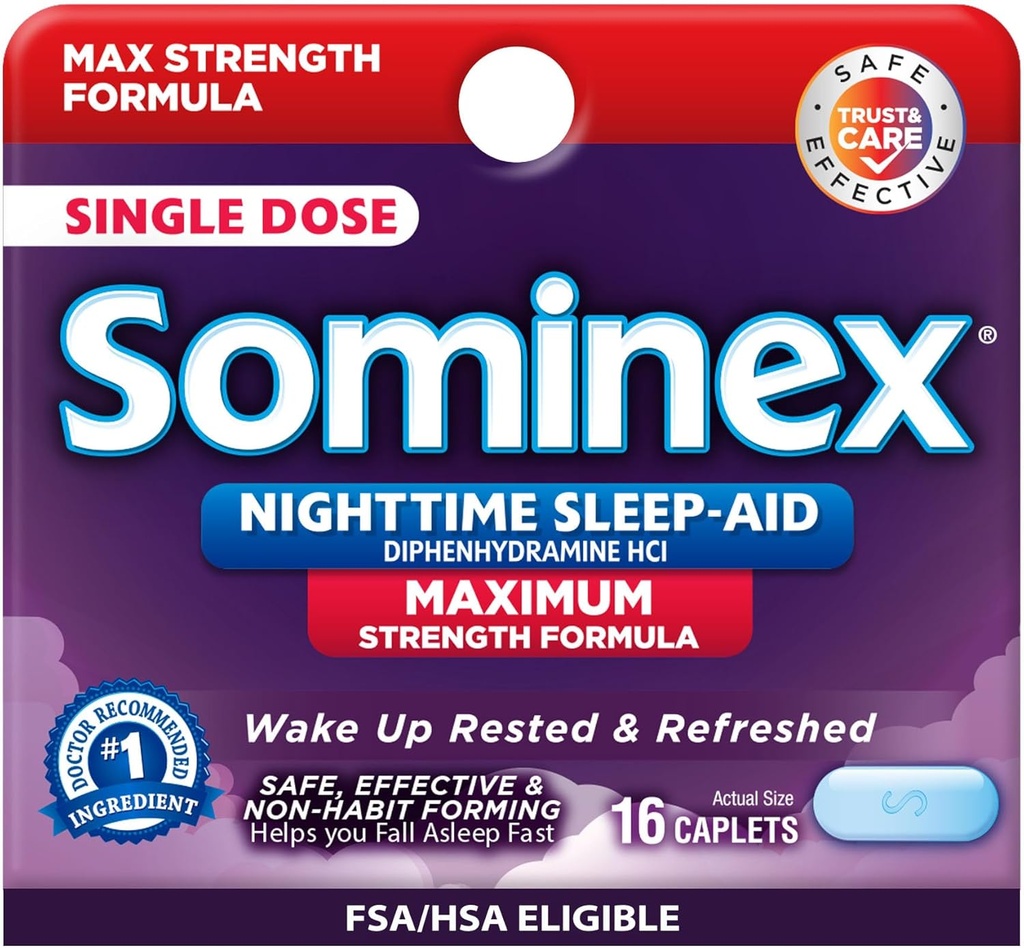 Comprimés Sominex d'aide au sommeil de nuit, formule de force maximale, dose unique, assortis, 16 comtes