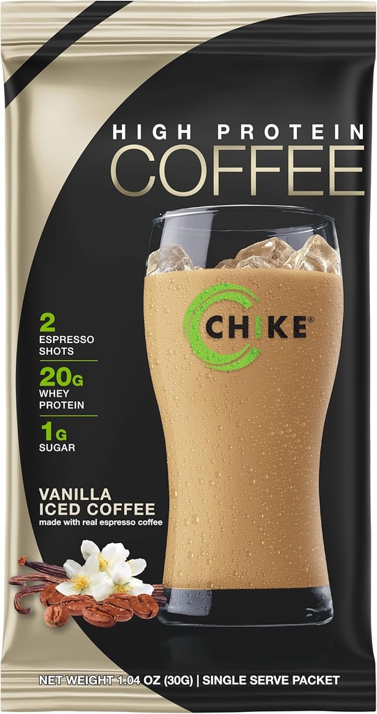 Café glacé à haute teneur en protéines de vanille, 20 G de protéines, 2 shots Espresso, 1 G de sucre, Keto Friendly et sans gluten, 12 paquets à usage unique