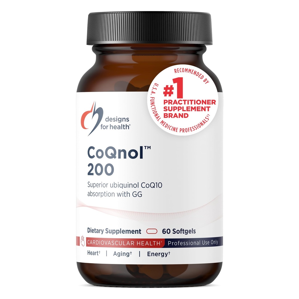 Designs for Health CoQnol 200mg - CoQ10 Ubiquinol avec biodisponibilité supérieure + technologie d'absorption exclusive - Double CoenzymeQ10 Boost avec GG - Coeur, Vieillissement en santé + Soutien cellulaire (60 Softgels)