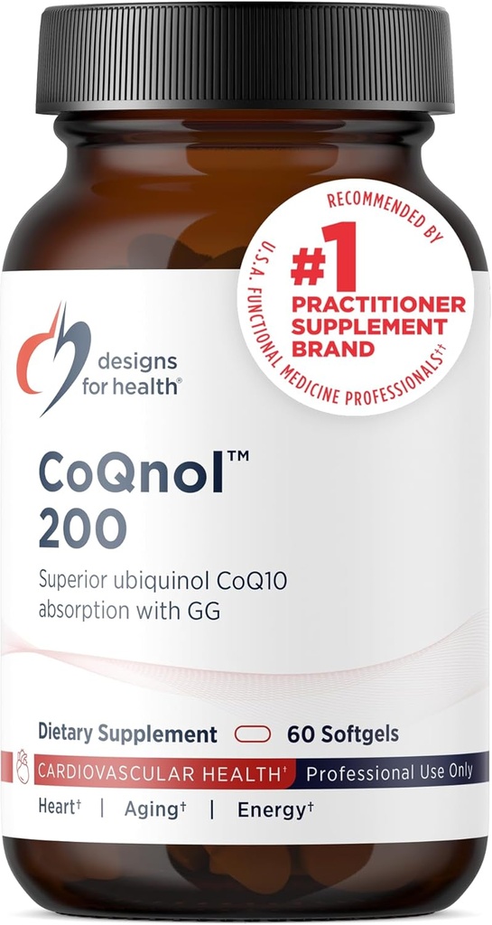 Designs for Health CoQnol 200mg - CoQ10 Ubiquinol avec biodisponibilité supérieure + technologie d'absorption exclusive - Double CoenzymeQ10 Boost avec GG - Coeur, Vieillissement en santé + Soutien cellulaire (60 Softgels)