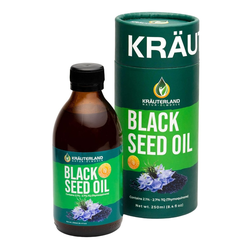 Kraeuterland - nouveau verrou de torsion - pas de fuite - Huile de Graine Noire Naturelle Liquide 8,4 fl oz, Huile de Graine de Nigella Sativa, High Thymoquinone, pressé à froid, végétalien, sans gluten