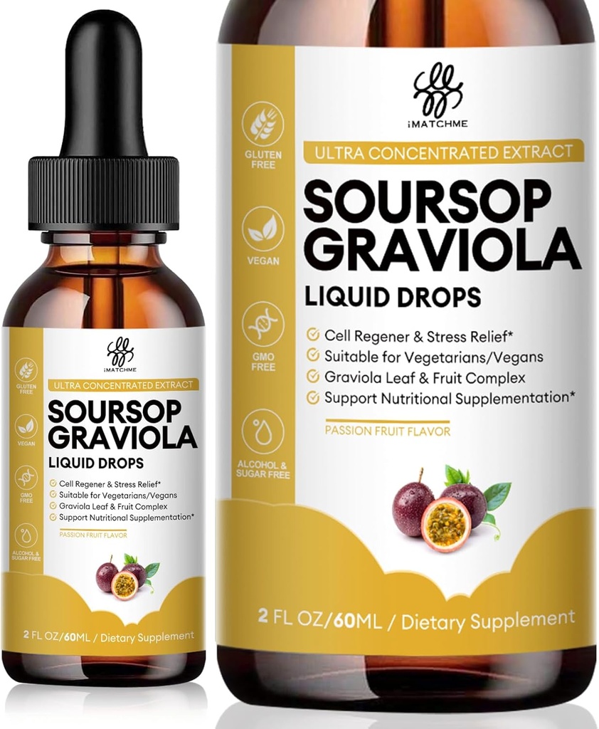 iMATCHME Premium Sourop Graviola pour la digestion, soutenir la peau et le sommeil sains, Extrait de Sourop goutte liquide de la feuille de Graviola et fruits, sans sucre/café/gluten, goût de fruits de passion, 2 Fl Oz