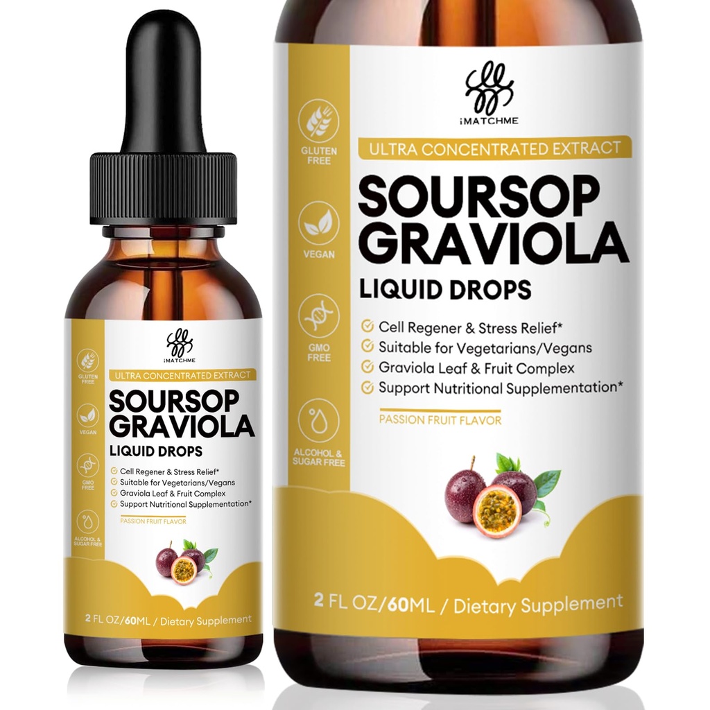 iMATCHME Premium Sourop Graviola pour la digestion, soutenir la peau et le sommeil sains, Extrait de Sourop goutte liquide de la feuille de Graviola et fruits, sans sucre/café/gluten, goût de fruits de passion, 2 Fl Oz