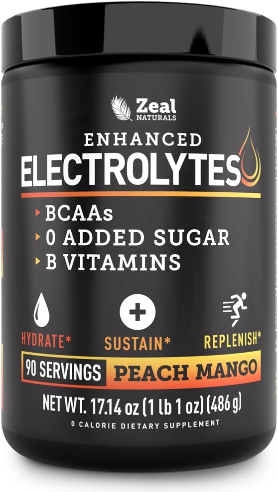 Zeal Naturals Electrolyte Powder Recovery Drink (90 portions) w 0 Sucre + BCAAs + B-Vitamines Supplément Electrolyte w Potassium Zinc & Magnésium pour l'hydratation - Keto Electrolytes