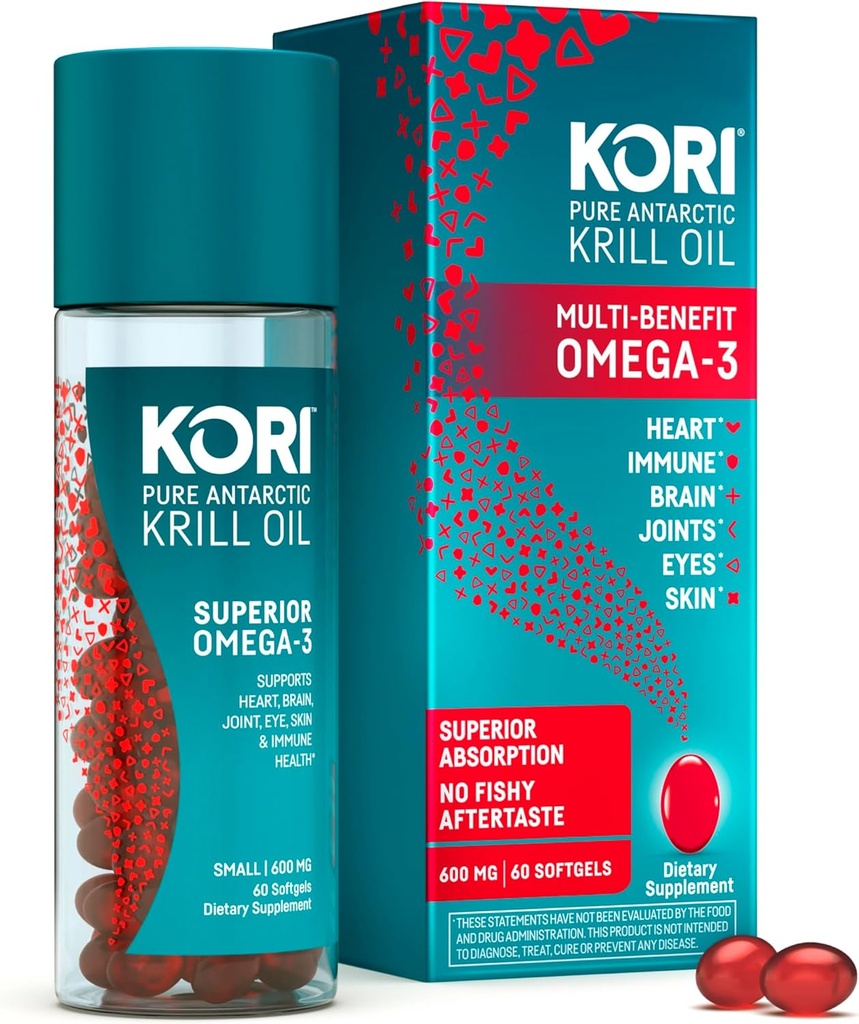 Kori Krill Oil Omega 3 Supplément d'huile d'absorption supérieure, EPA & DHA, 600 mg, 60 Softgels