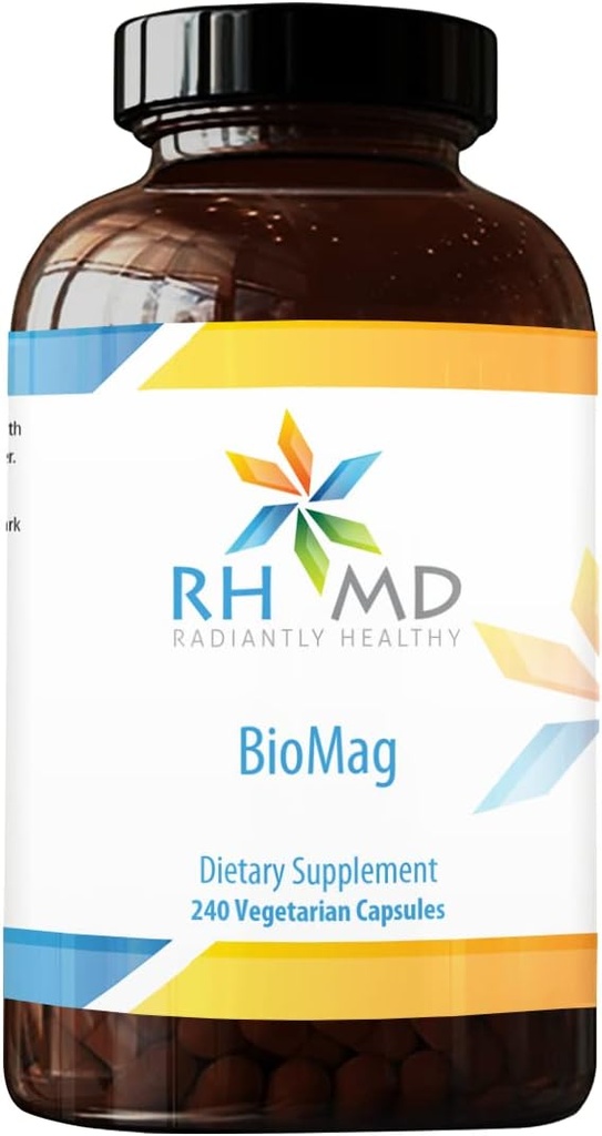 RHMD BioMag - Supplément de magnésium chélaté de 360mg - Mag hautement biodisponible pour soutenir l'énergie, la santé osseuse + la récupération musculaire - (240 Capsules végétariennes)