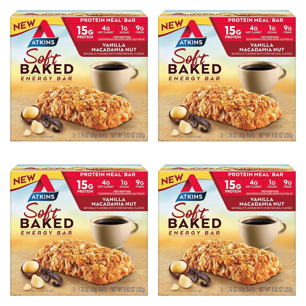Atkins Vanilla Macadamia Nut Aromatisé doux au four barres d'énergie, haute en protéines, faible sucre, snack de fibre haute, snack de protéines, 4 paquets (4 barres chacun)
