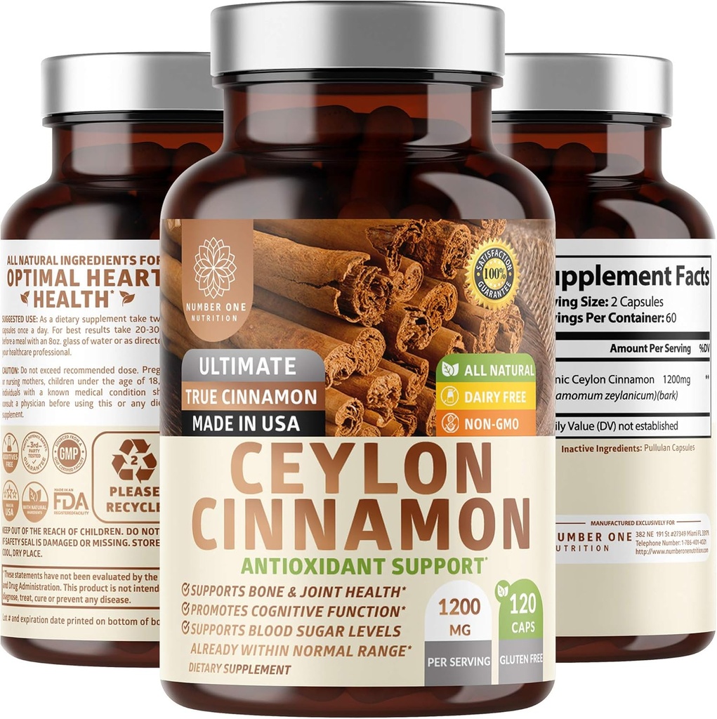 N1N Premium Ceylan Cinnamon 1200mg [Cinnamon 100% bio Ceylan] Supplément naturel pour soutenir la circulation saine, le cerveau et la fonction articulaire,120 capsules
