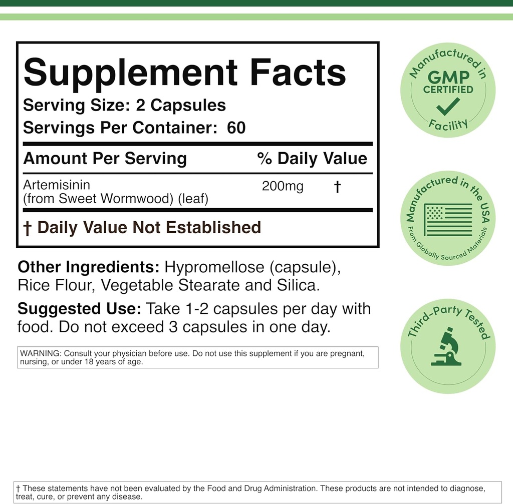 Artémisinine (Nettoyeur de wormwood sucré) (Artemisia Annua) 200mg par portion, 120 Capsules (Approvisionnement de deux mois) Vegan Safe, Non-OGM, Sans gluten (Support immunitaire) par Double Wood