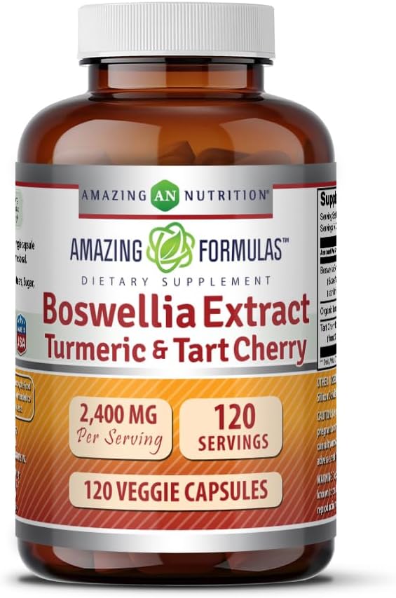 Formules étonnantes Boswellia Extract Turcuma et Tart Cherry 2400mg Capsules de légumes non-OGM (sans gluten) Fabriqué aux États-Unis Idéal pour les végétariens (120)