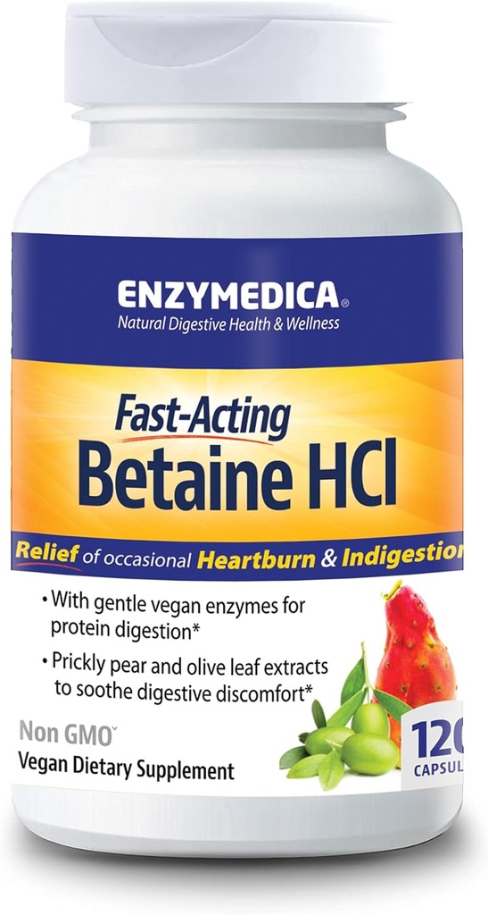 Enzymedica, Betaïne HCl, Choc cardiovasculaire occasionnel et soutien à l'indigestion, 120 Capsules