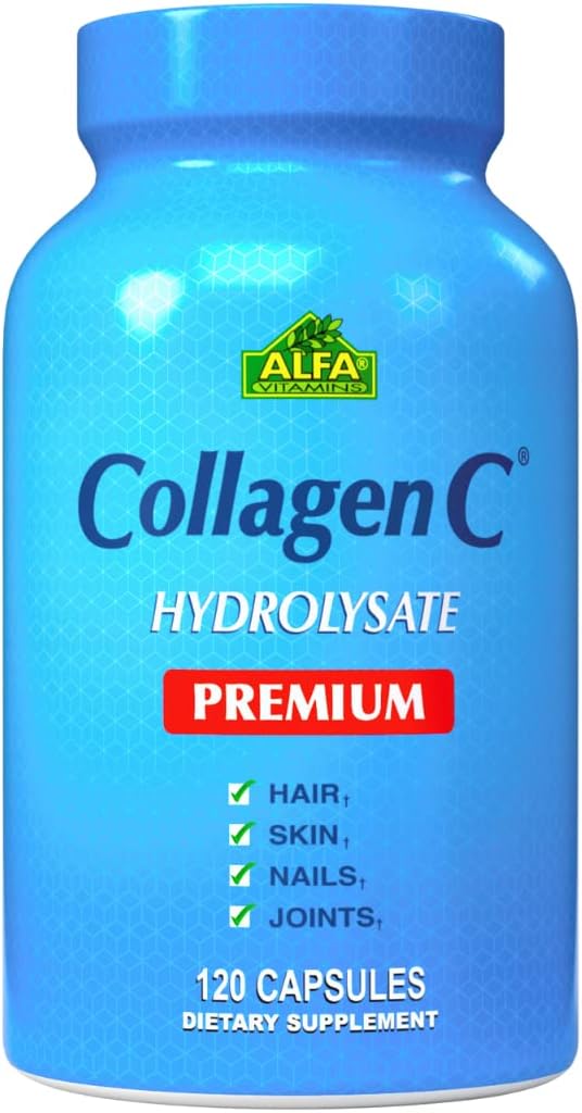 ALFA VITAMINS CollagèneC Hydrolysate supplément alimentaire Premium avec vitamine C, soutient la peau, les cheveux, les ongles et la santé des os, améliore la production de collagène, collagène peptides pour rajeunissement, 120 capsules