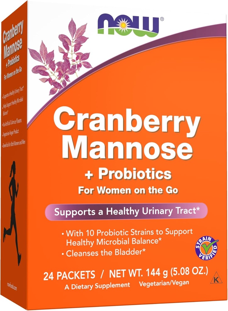 NOW Supplements, Cranberry Mannose + Probiotics with a blend of 10 Probiotic Bacterial Strains, 24/Box