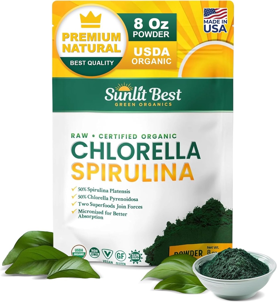 Sunlit Best USDA poudre de spiruline de Chlorella biologique - 100% Source brute et végétalienne de protéines et de chlorophylle