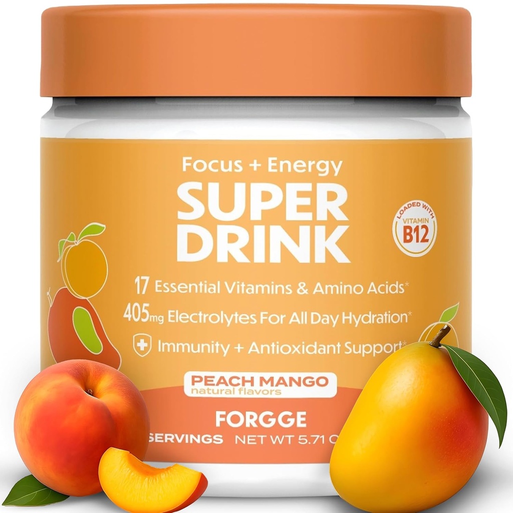 Forgge Energy Booster Super Drink - Caffeine propre + B12, B6, C & D Vitamines - Sucre sans boisson d'énergie Poudre avec électrolytes, acides aminés, antioxydants, Lions Mane - Vegan, Keto-friendly - 30 SVG, Peach Mango