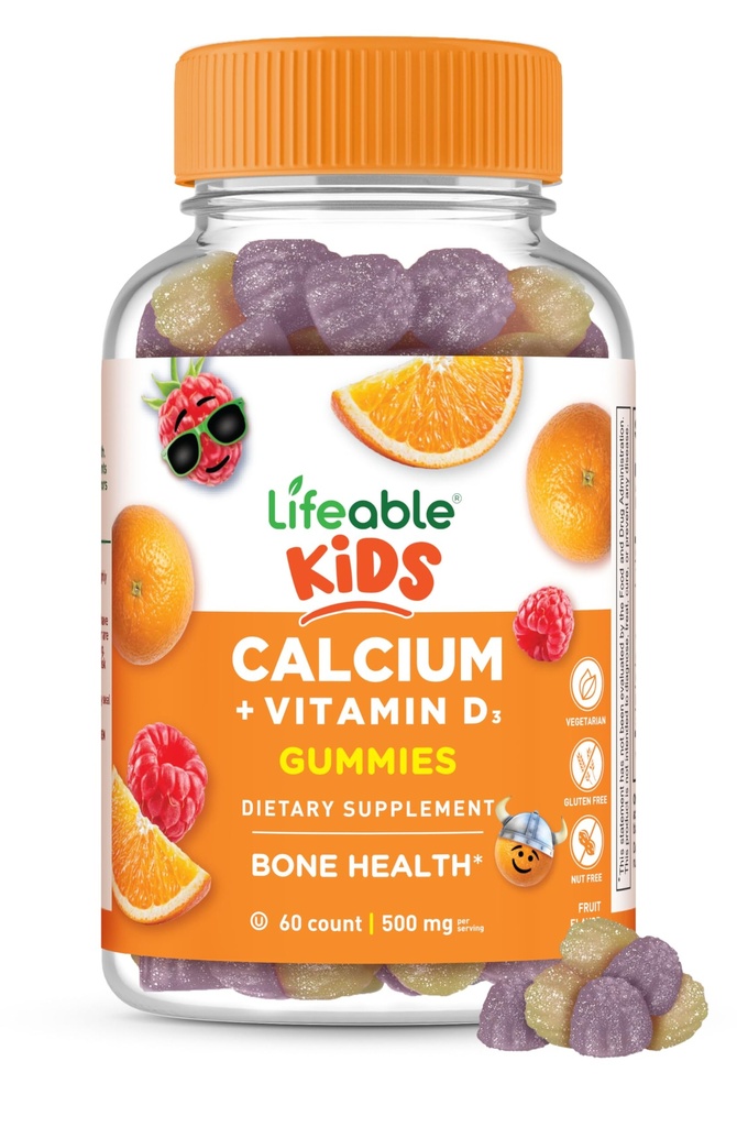 Enfants vivants Gommies de calcium avec la vitamine D3-500 mg Calcium avec la vitamine D3 1000 UI Un grand supplément de calcium pour les enfants pour la santé des os et la croissance des dents 60 Gommies