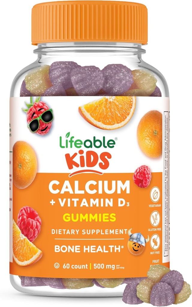 Enfants vivants Gommies de calcium avec la vitamine D3-500 mg Calcium avec la vitamine D3 1000 UI Un grand supplément de calcium pour les enfants pour la santé des os et la croissance des dents 60 Gommies