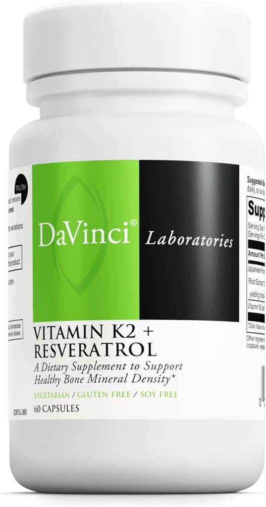 Davinci Labs Vitamine K2 & Resveratrol - Santé osseuse et cardiovasculaire Supplément avec support antioxydant* - Végétarien, sans gluten et sans soja - 60 capsules