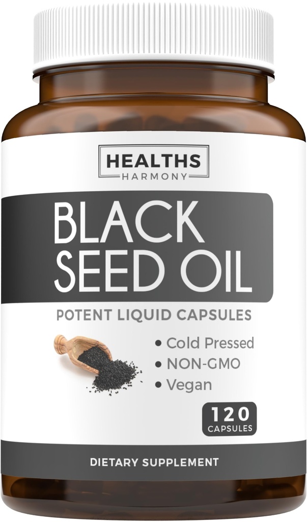 Huile de graines noires - 120 Capsules de Softgel Santé de la peau (non OGM et végétalien) Nigella sativa pressée à froid produisant de l'huile de graines de cumin noir pur avec vitamine E - 500mg chacune, 1000mg par 2 capsules