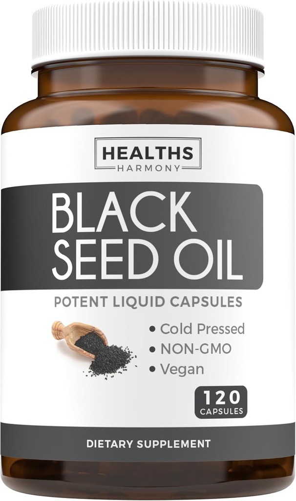 Huile de graines noires - 120 Capsules de Softgel Santé de la peau (non OGM et végétalien) Nigella sativa pressée à froid produisant de l'huile de graines de cumin noir pur avec vitamine E - 500mg chacune, 1000mg par 2 capsules