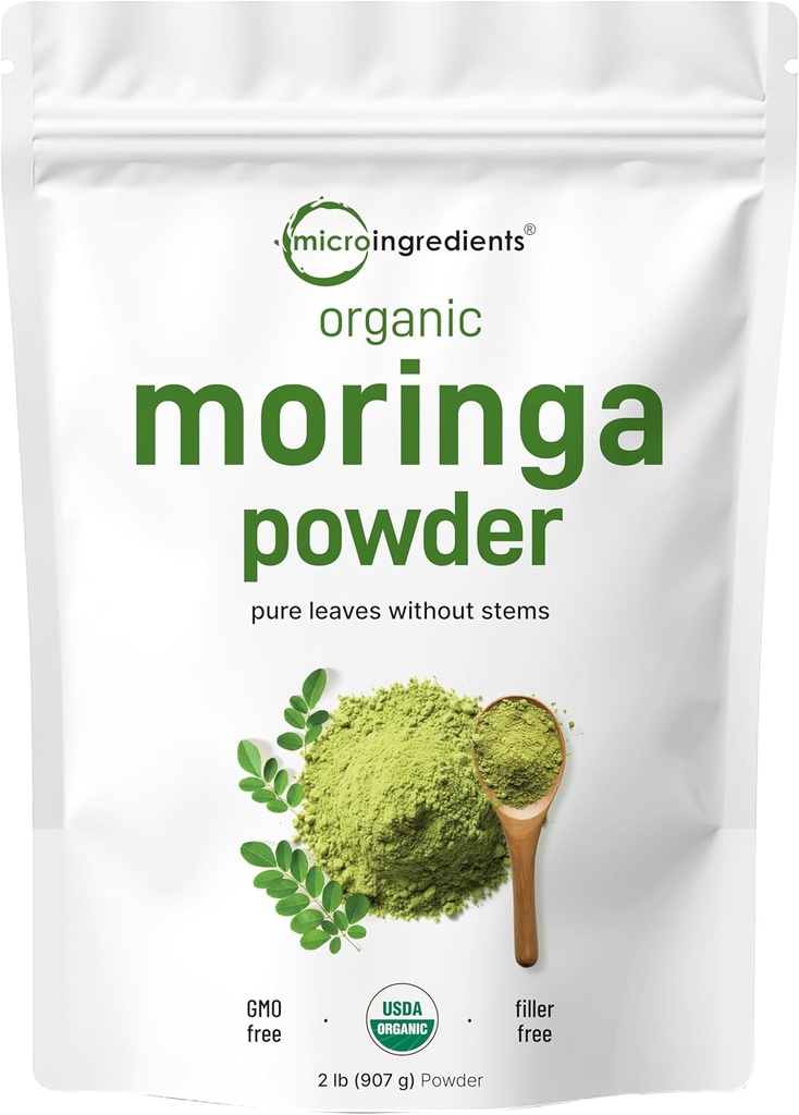 Bio Moringa Oleifera Poudre de feuille, 2 livres, Riche en antioxydants et vitamine immune, Great Superfoods pour le thé Moringa, Moringa boisson, Inde Grown, Vegan